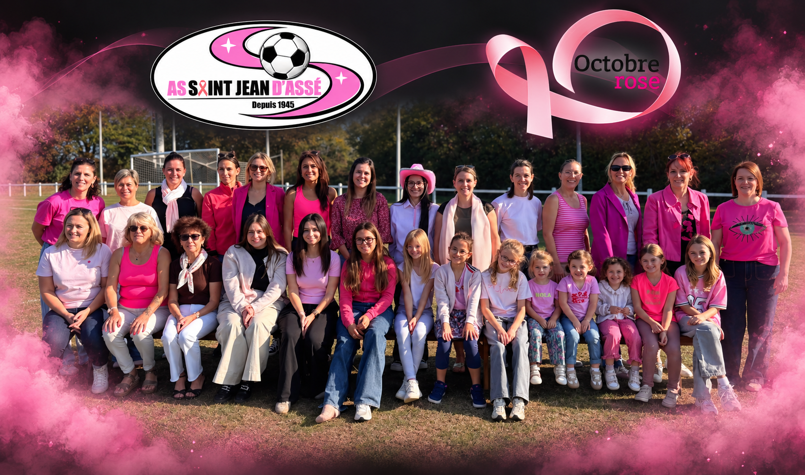 Le groupe de l'AS Saint Jean d'Assé mobilisé pour Octobre Rose, avec le logo du club, le ruban et une brume rose